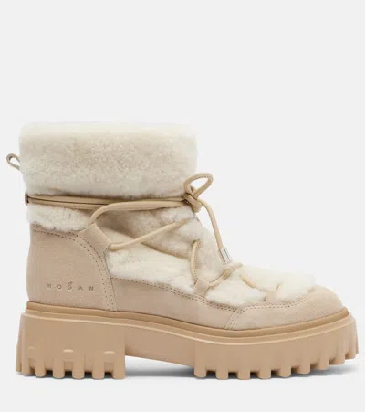 Hogan H700 Shearling-trimmed Suede Ankle Boots In Multi