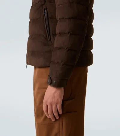 Moncler Arneb Hooded Suede Short Down Jacket In Brown