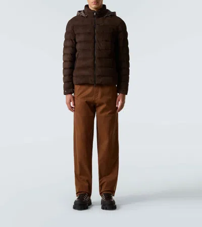 Moncler Arneb Hooded Suede Short Down Jacket In Brown