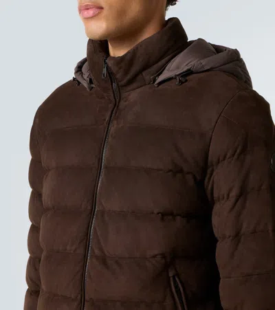 Moncler Arneb Hooded Suede Short Down Jacket In Brown
