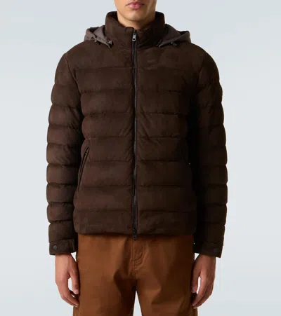 Moncler Arneb Hooded Suede Short Down Jacket In Brown