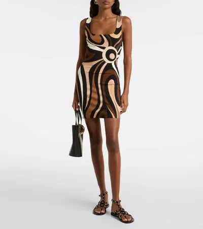 Pucci Square-neck Print Mini Dress In Brown
