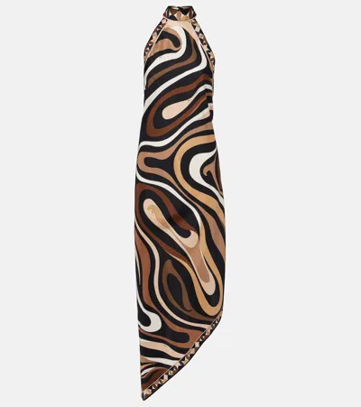Pucci Marmo Asymmetric Printed Silk-twill Halterneck Dress In Brown