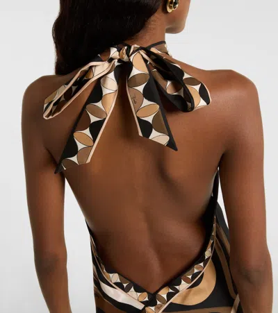 Pucci Marmo Asymmetric Printed Silk-twill Halterneck Dress In Brown