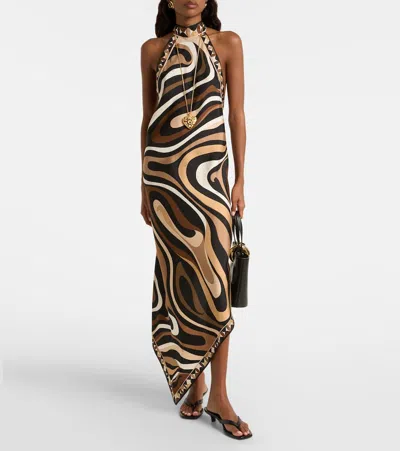 Pucci Marmo Asymmetric Printed Silk-twill Halterneck Dress In Brown