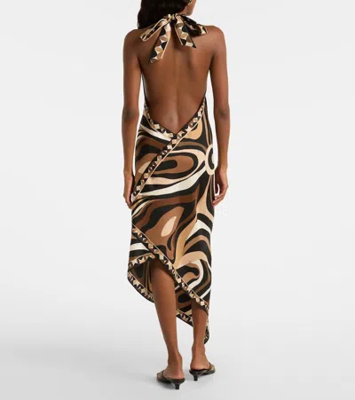 Pucci Marmo Asymmetric Printed Silk-twill Halterneck Dress In Brown