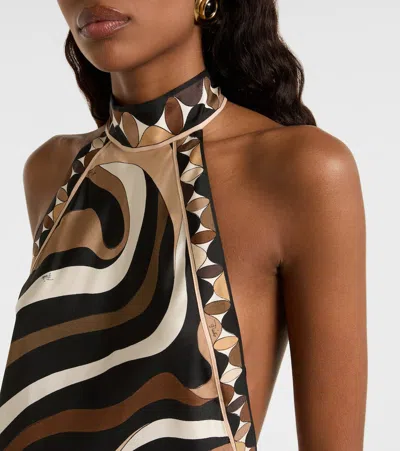 Pucci Marmo Asymmetric Printed Silk-twill Halterneck Dress In Brown