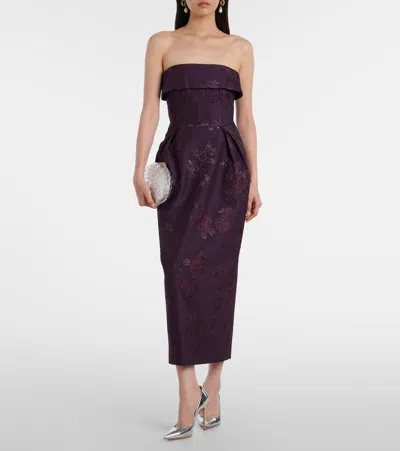 Rebecca Vallance Strapless Floral-brocade Midi Dress In Purple
