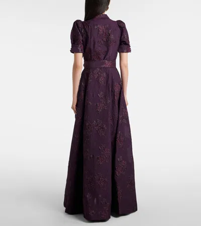 Rebecca Vallance Afina Belted Floral Brocade Gown In Purple