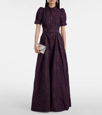 Rebecca Vallance Afina Belted Floral Brocade Gown In Purple