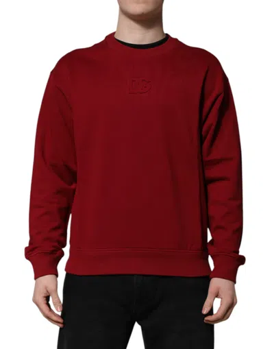 Dolce & Gabbana Red Embossed Logo Cotton Crew Neck Sweater In Red