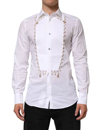 Pre-owned Dolce & Gabbana White Cotton Dg Logo Pearl Chain Formal Men's Shirt ()