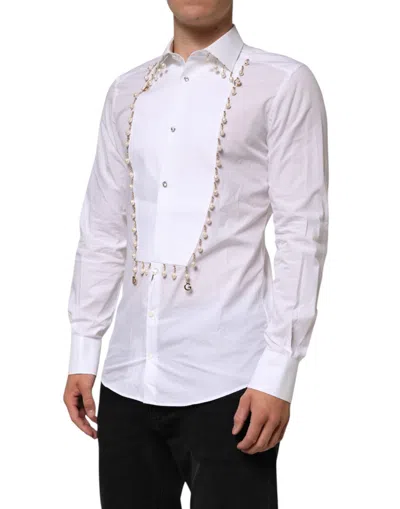 Pre-owned Dolce & Gabbana White Cotton Dg Logo Pearl Chain Formal Men's Shirt ()