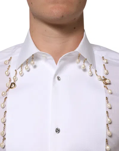 Pre-owned Dolce & Gabbana White Cotton Dg Logo Pearl Chain Formal Men's Shirt ()