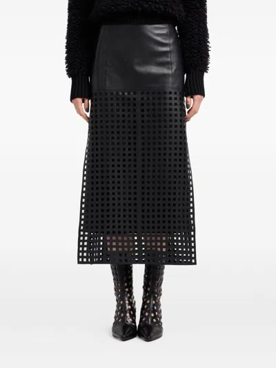 Emporio Armani Polygon Capsule Collection Midi Skirt In Vegetable-tanned Nappa Leather With Laser-cut Perforations In Black