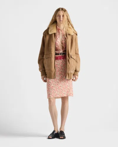 Prada Leather Jacket With Fur Collar And Epaulettes In Neutral