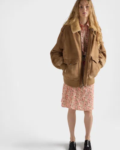 Prada Leather Jacket With Fur Collar And Epaulettes In Neutral