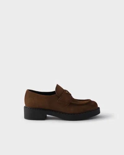 Prada Chocolate Suede Loafers In Multi