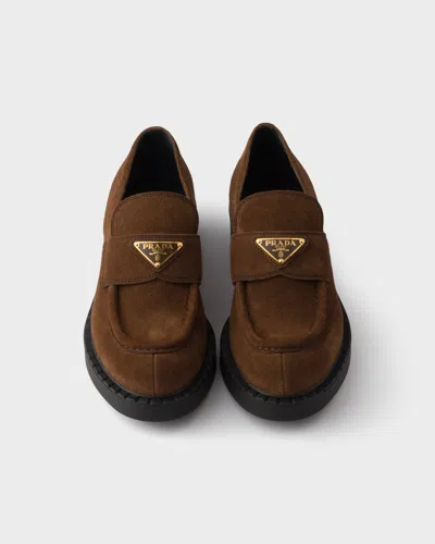 Prada Chocolate Suede Loafers In Multi