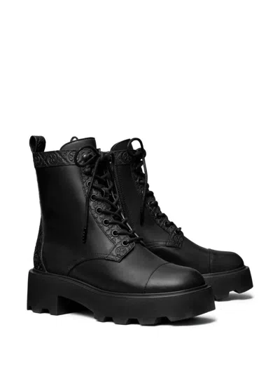 Tory Burch Monogram Leather Ankle Boots In Black
