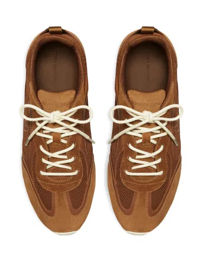 Tory Burch Travel Sneakers With Mesh And Suede Accents In Brown