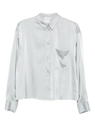 Forte Forte Long Sleeve Satin Top Featuring Pocket In Silver