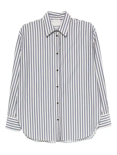 Forte Forte Striped Long Sleeve Top With Curved Hem In Gray