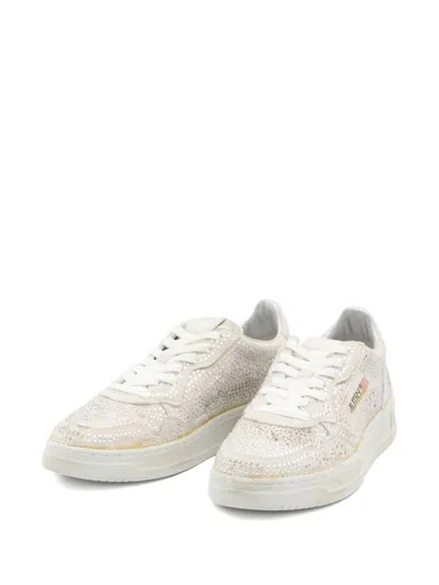 Autry Medalist Low Sneakers In Worn-out Effect Suede With Rhinestones Shoes In White