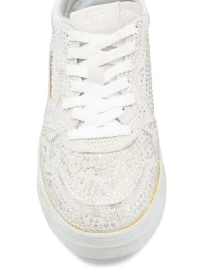 Autry Medalist Low Sneakers In Worn-out Effect Suede With Rhinestones Shoes In White