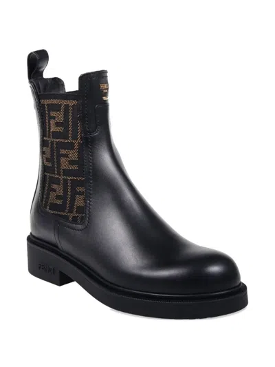 Fendi Filo Leather And Ff Fabric Biker Boots Shoes In Black