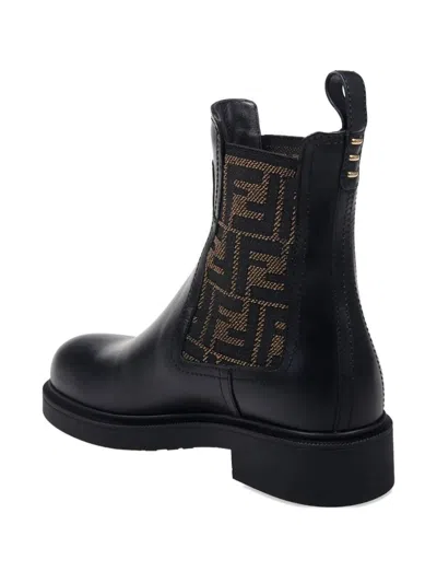 Fendi Filo Leather And Ff Fabric Biker Boots Shoes In Black
