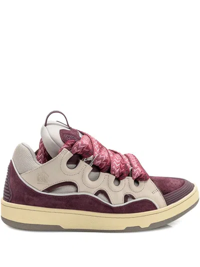 Lanvin Curb Leather And Fabric Sneakers In Beige And Burgundy In Animal Print