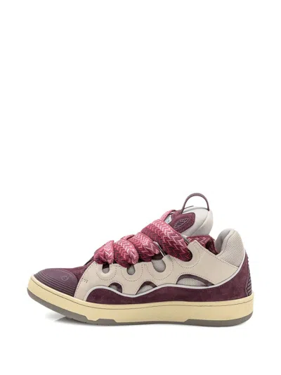 Lanvin Curb Leather And Fabric Sneakers In Beige And Burgundy In Animal Print