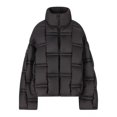Raxxy Quilted Black Puffer Coat With High Collar In Blue