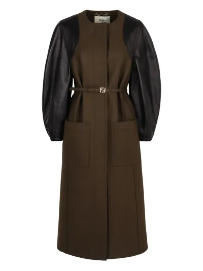 Fendi Green Wool Midi Coat With Leather Sleeves In Multi