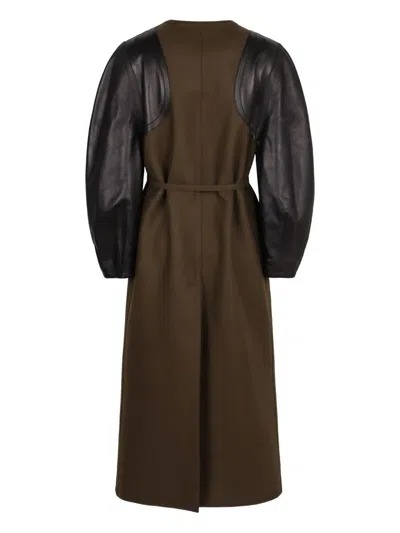 Fendi Green Wool Midi Coat With Leather Sleeves In Multi