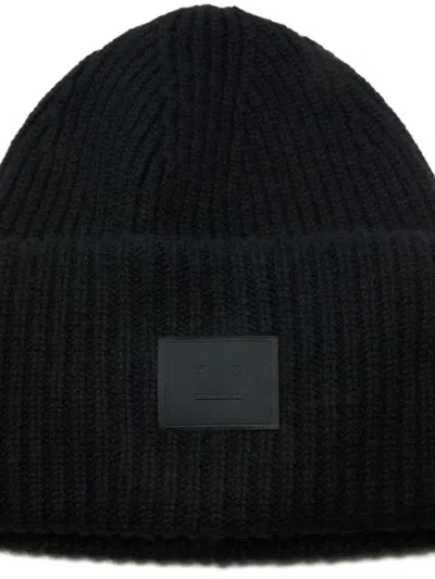 Acne Studios Casual Ribbed Knit Hat With Face Patch In Black