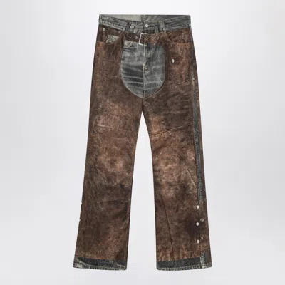 Acne Studios Wide Leg Patchwork Jeans With Button And Loops In Brown