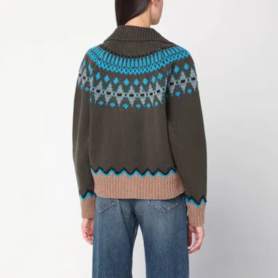 Alanui Olive Green Fair Isle Patterned Cardigan In Gray