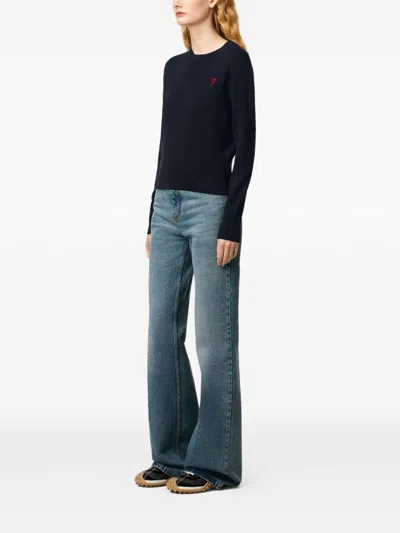 Ami Alexandre Mattiussi Classic Crew Neck Sweater With Embroidered Heart Detail In Blue