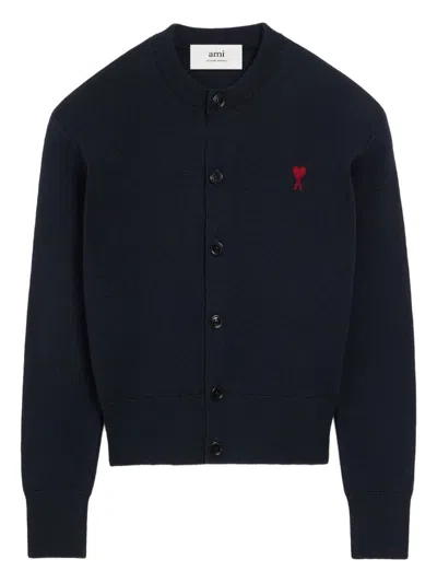 Ami Alexandre Mattiussi Cropped Wool Cardigan With Embroidered Heart Detail In Blue
