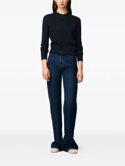 Ami Alexandre Mattiussi Cropped Wool Cardigan With Embroidered Heart Detail In Blue