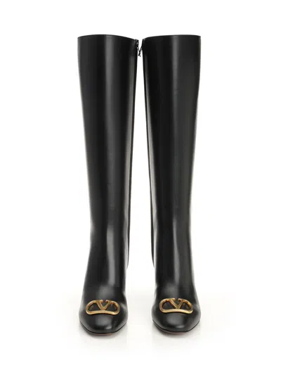 Valentino Boot | Vlogo Signature | T. 80 | Vitello/antique Brass Logo Boots Black In Black