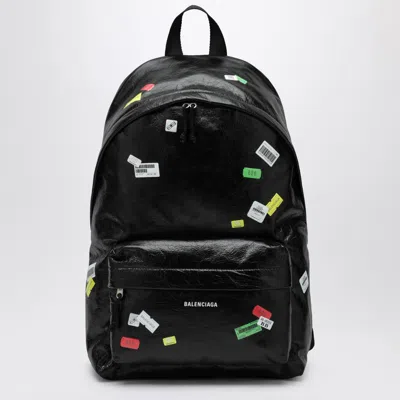 Balenciaga Black Explorer Backpack In Leather With Printed Stickers In Black