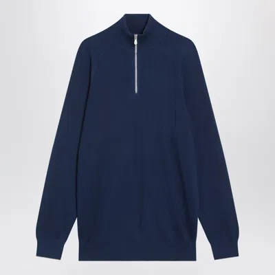 Brunello Cucinelli Half-zip Ribbed Sweater In Blue