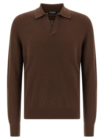 Zegna Cashmere Jacquard Long Sleeve Polo In Brown
