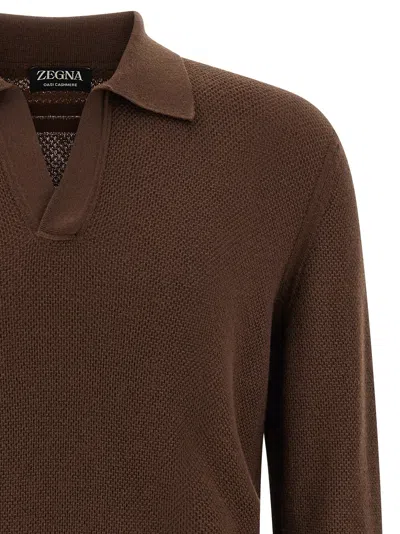 Zegna Cashmere Jacquard Long Sleeve Polo In Brown