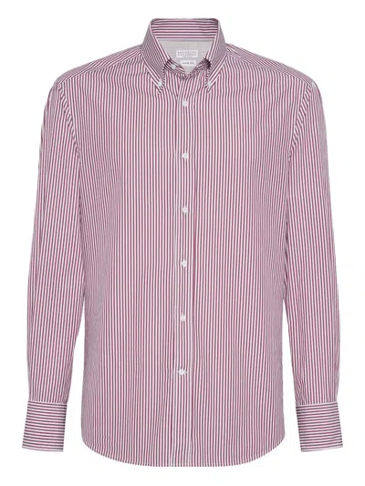 Brunello Cucinelli Men Striped Cotton Shirt In Pink