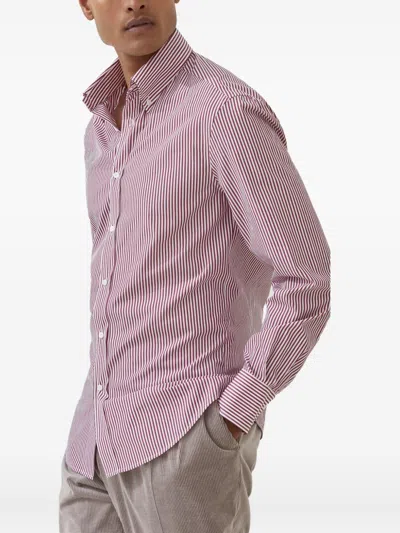 Brunello Cucinelli Men Striped Cotton Shirt In Pink