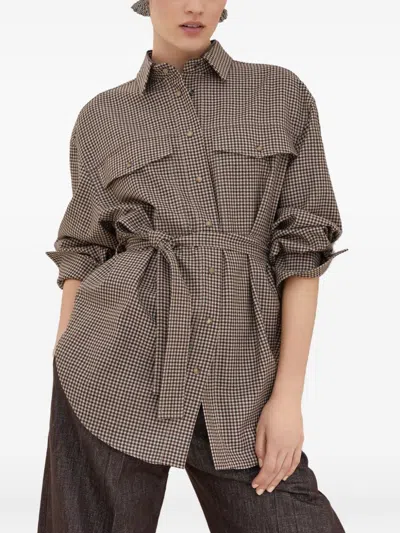 Brunello Cucinelli Check-pattern Shirt With Belt And Shiny Collar Detail In Brown